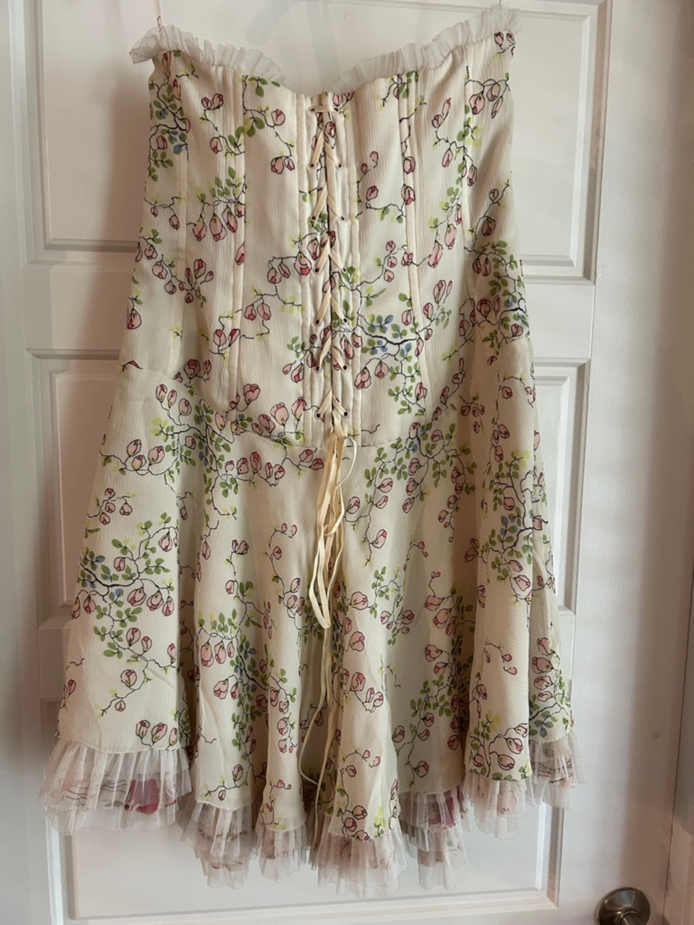 Nicole Miller Strapless Floral Cream Dress with Pink and Green Accents